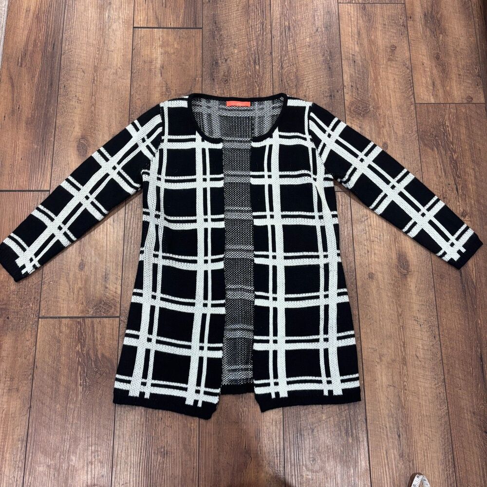 Lulumari Black White Stripe Plaid Open Cardigan Size M/L Elevated Basics Casual - Picture 2 of 7